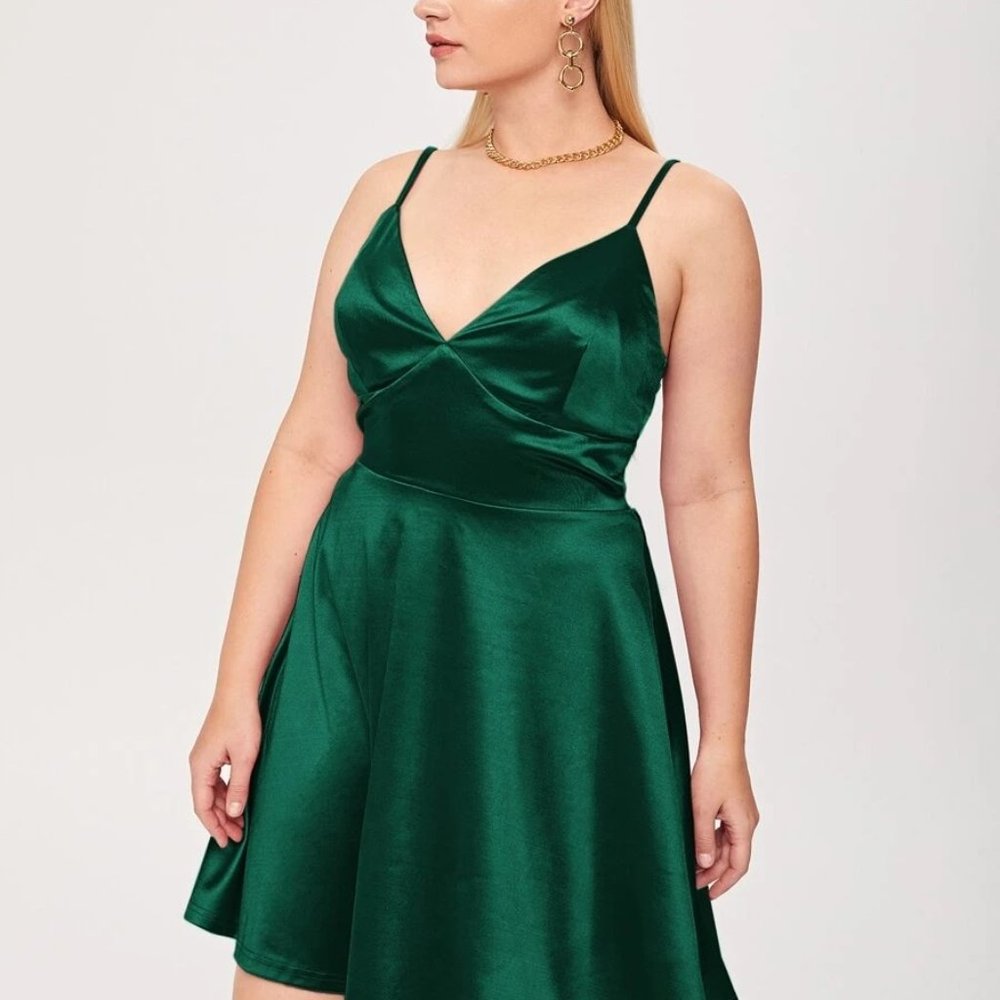 Green Plus Satin Adjustable Straps Solid Cami Dress